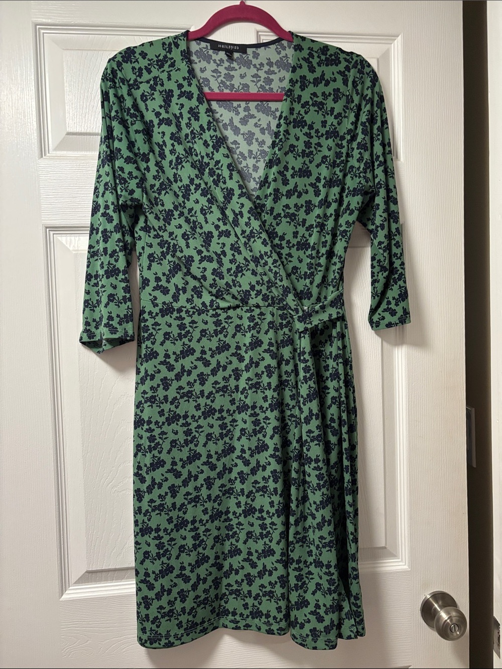 Green Floral Wrap Dress with Navy Print